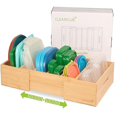 Cleanclue Expandable Kitchen Cabinet Organizer for Food Storage Container Lids, Bamboo Drawer Caddy Adjustable Dividers, Box for Kitchen Storage and Organization, Lids Organizer for Cabinet (Natural) Cover