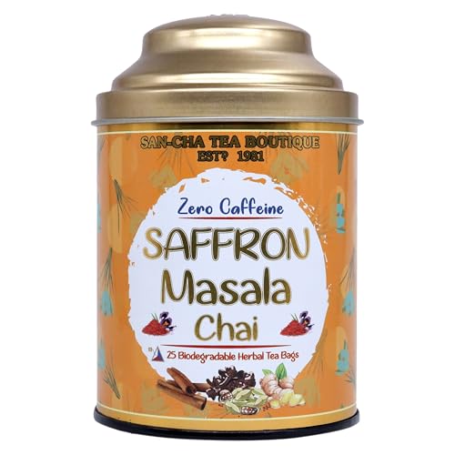 Image of Sancha Tea Boutique, Saffron Masala Chai, Caffeine Free Herbal Tisane, 25 Pyramid Bags, Kesar Chai without Caffeine, Real Kashmir Saffron Blend