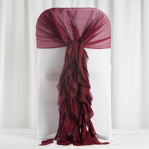 Tableclothsfactory 1 Set Burgundy Premium Designer Curly Willow Chiffon Chair Sashes for Home Wedding Birthday Party Dance Banquet