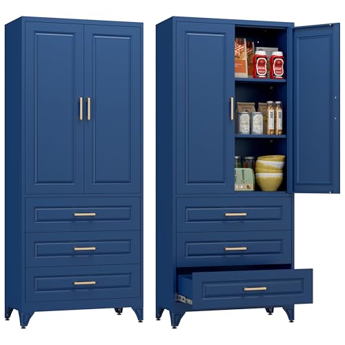 Image of Polup Metal Storage Cabinet,75 inch Tall Kitchen Pantry Storage Cabinet with Doors and Adjustable Shelves, Blue Metal Pantry Cabinets with 3 Drawers, Large Cupboard for Dining Living Room, Bathroom