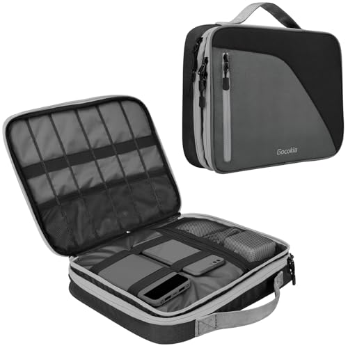 Gocokia Double Layer Travel Cable Organizer Bag with Shoulder Strap, 27 Game Storage for Switch, Electronic Bag for 11.6' Laptop, Table - Gray with Black