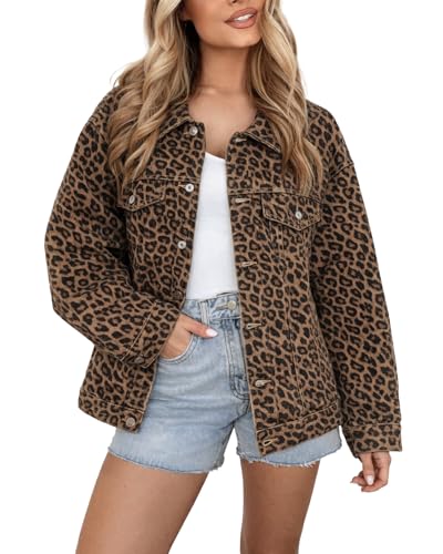 Kedera Womens Oversized Mid Long Denim Jacket Leopard Print Button Down Jean Shacket Trucker Jacket Trendy Denim Coat