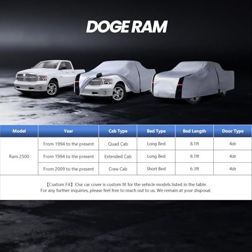 Image of Multi-Layer Dodge Ram 2500 Truck Cover, Custom Fit Ram 2500 2002-2026 Crew /Quad Cab Long Bed(8.1') Car Cover Waterproof All Weather, Full Exterior Cover Rain Wind Dust and UV Protect with Door Zipper