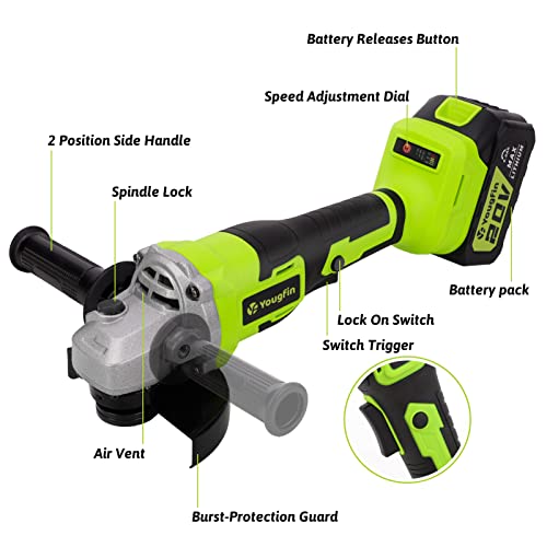 Yougfin Cordless Angle Grinder With Brushless Motor, 20V Power Grinders Tools With 4 1/2 Inch Cutting Wheels And Adjustable Auxiliary Handle #TOP7