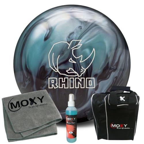 Bowlerstore Products Brunswick Rhino Metallic Blue/Black Bowling Ball | Moxy Strike Black Bowling Bag | Moxy Grey Micro Fiber Towel | Moxy Xtreme Power Cleaner Package 11lbs