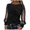 Womens Sparkly Tops See Sheer Long Sleeve Sequin Tops Jumpers Sexy Plain Crew Neck T Shirts Sweatshirts Loose Casual Blouse Dressy Tunic Shirt for Women UK for Women Black