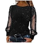 Parte Superior Brillante para Mujer Fiesta Manga Larga Camiseta Color Negro Blusa Elegante Cuello Redondo Sexy
