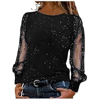 Womens Sparkly Tops See Sheer Long Sleeve Sequin Tops Jumpers Sexy Plain Crew Neck T Shirts Sweatshirts Loose Casual Blouse Dressy Tunic Shirt for Women UK for Women Black