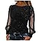 Womens Sparkly Tops See Sheer Long Sleeve Sequin Tops Jumpers Sexy Plain Crew Neck T Shirts Sweatshirts Loose Casual Blouse Dressy Tunic Shirt for Women UK for Women Black