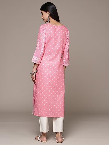 Image of ishin Women's Silk Ethnic Motifs Pink Straight Kurta