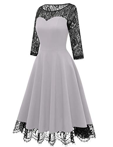 50s Vintage Dresses for Women Cocktail Rockabilly Lace Scoop Long Sleeves Party Prom Dress Grey S-1