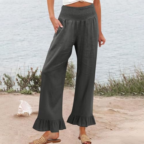 Image of Women Linen Pants Dressy Casual Summer Boho Ruffle Hem Wide Leg Cropped Pants Smocked High Waisted Palazzo Pant