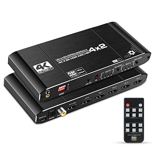 NEWCARE 4x2 HDMI Matrix Switch Splitter, 4K@60Hz 4:4:4 HDMI 2.0 Switcher 4 in 2 Out with IR Remote Controller Supports HDCP 2.2 18Gbps,Ultra HD 4K x 2K,3D 1080p,ARC,EDID, HDR Dollby Vision (Black)