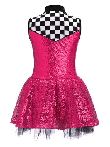 Girls Racer Cheer Leader Uniform Sequined Sleeveless Leotard with Checkered Tutu Skirt Outfit Hot Pink 4 Years4