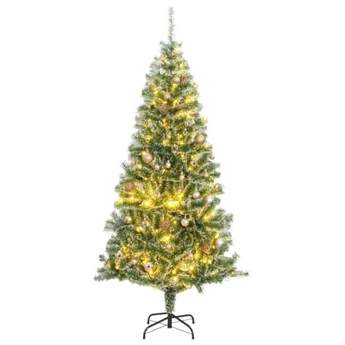 Árbol de Navidad Artificial con Luces LED y 8 Modos de Iluminación, Decorado con Nieve Blanca y Bolas Navideñas en Tres Tamaños, Soporte Metálico Estable,