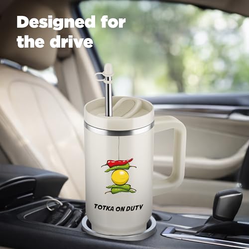 Image of MILTON Malmo 1200 Thermosteel Double Wall Vacuum Insulated Stainless Steel Tumbler with Handle 1100ml, Travel Mug with Straw,Silicon Cap,Cleaning Brush,Hot & Cold Beverage Flask,Totka Cream