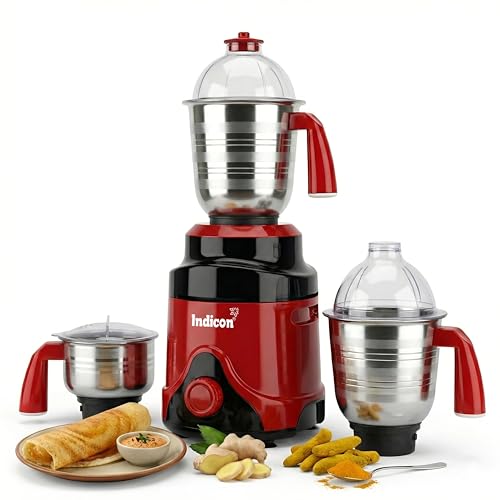 Image of MasterChef 1200 Watts Mixer Grinder, 3 Jars, Blue | Powerful Motor for Dry /Wet Grinding, Blending & Juicing | Stainless Steel Blades, Multi-Purpose Kitchen Appliance for Indian Cooking (Red)