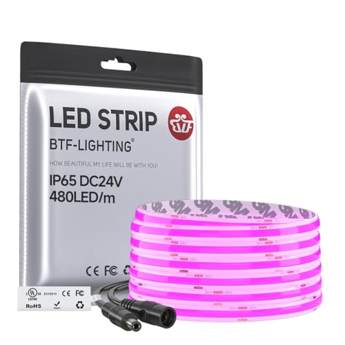 Image of BTF-LIGHTING FCOB IP65 Waterproof Purple Color COB LED Strip 16.4FT DC24V 480LED /m 8mm Width Flexible High Density CRI 90+ Dimmable LED Light for Home Indoor Decor(No Controller or Adapter)