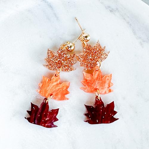 Acrylic Fall Leaf Earrings for Women Autumn Lightweight Fun Colorful Statement Jewelry Boho Shimmery Trendy Gift for Her Handmade by the Painted Pug (Maple Leaf Acrylic Dangle)4
