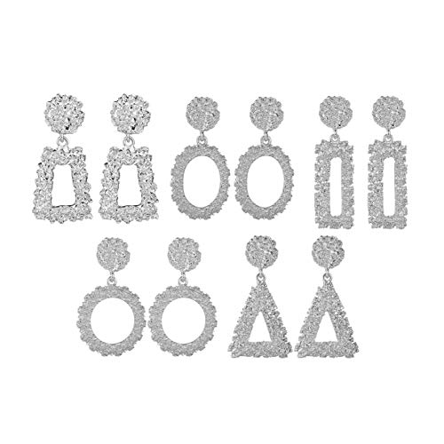 5 Pairs Gold Statement Drop Earrings Metal Geometric Dangle Earrings Large Square Raised Design Earrings For Women-silver