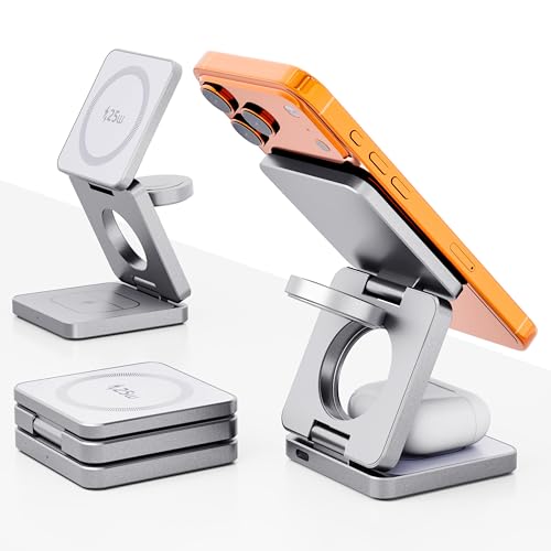 Ya en manzanajugosa.com: Cargador Inalámbrico mag Safe 3 en 1 de 25W, estación de Carga magnética para iPhone 12–17, Apple Watch y AirPods, Cargador inalámbrico Qi con USB-C, Soporte Plegable para mesita y Escritorio,Plata