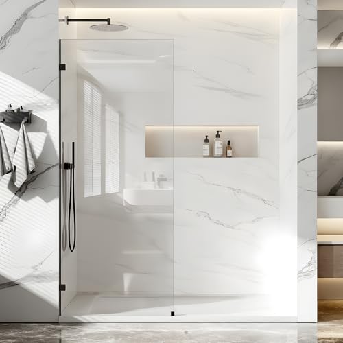 Shower Glass Panel Fixed Shower Screen 32 W x 78 H 3/8 10mm Single Frameless Shower Doors for Walk in Shower with Clear Tempered Glass Explosion-Proof Film for Bathroom Matte Black Hardware