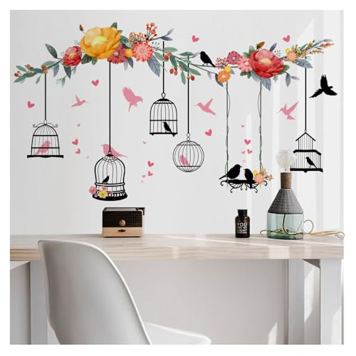 Codulu Autocollants muraux en forme de cage à oiseaux avec grandes fleurs, vigne, oiseaux, pour salon, chambre à coucher, canapé, arrière-plan TV,...