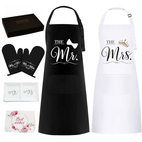 YNMAI Wedding Gifts for Couples, Mr and Mrs Aprons Engagement Presents for His and Her, Kitchen Cooking Bride To Be Gifts, Funny Wedding Gifts Box for Friend Sister Hubby and Wifey