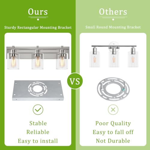 Image of 3-Light 21inch Brushed Nickel Vanity Light, Thickened Clear Glass | Over Mirror for Bathroom, Rust Resistant, E26 Base, Easy Install, Removable Glass Shade Horizontal Mount, Dimmable