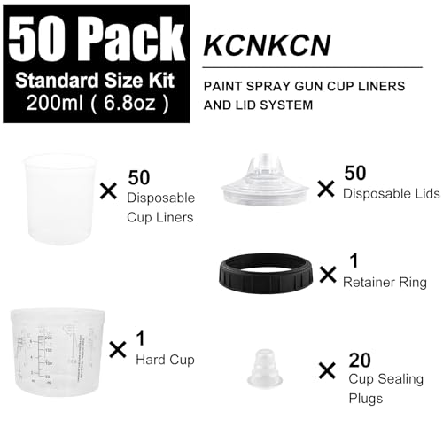 Image of Disposable Paint Spray Gun Cup Liners & Lid System, 50Pcs Standard 6.76 Ounce (200ml) Kit - 125 Mic- 50 Cup Liners, 50 Lids with Strainer, 1 Hard Cup with Retainer Ring 20 Plugs