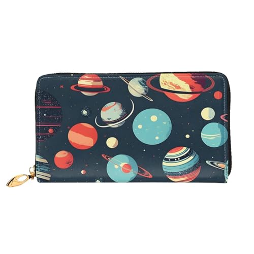 Portefeuille mode femme long portefeuille cuir imprimé planète espace grand compartiment