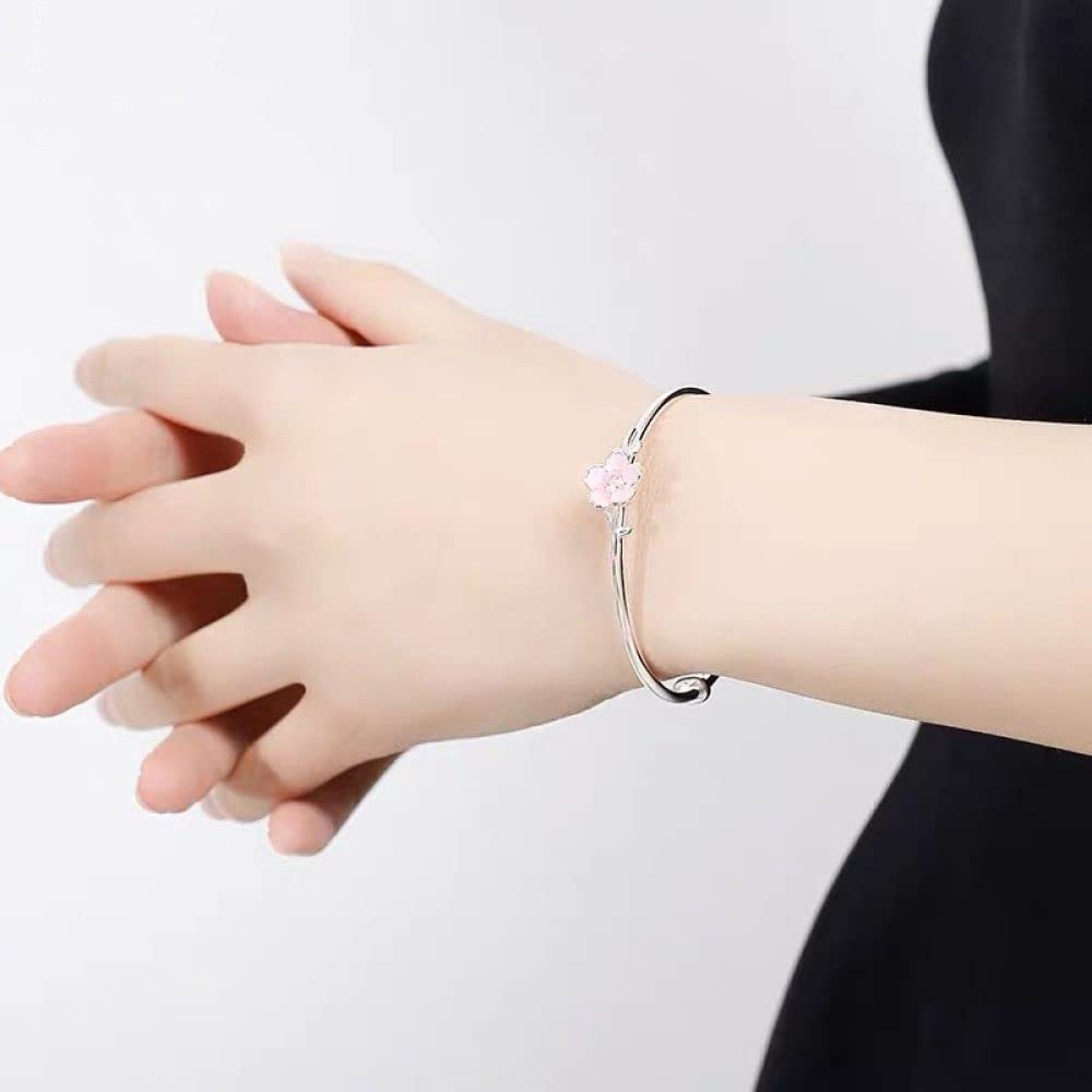 Armband Damen Silber,999 Sterling Silber Armband Rosa Kirschblüte Verstellbare Manschette Armreif Freundschaftsarmband Schmuck Geschenke Für Frau Freundin Zum Geburtstag