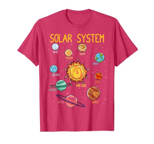 Solar System Planets Science Space Boys Girls STEM Kids T-Shirt, Men, Red Heather, Large