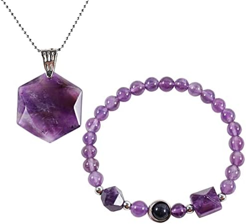 Soulnioi Healing Crystal Natural Crystal Set of 1Pcs Pyramid Cut Diamond Beaded Bracelet and 1Pcs Six-Pointed Star Hexagram Pendant Round Bead Necklace for Luck Spiritual Beauty Gift