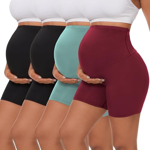 Image of Dalavch 4 Pack Women's Maternity Yoga Shorts Over The Belly Pregnancy Biker Workout Active Athletic Pregnant Shorts 5” 2 Black 1 Green 1 Wine XX-Large
