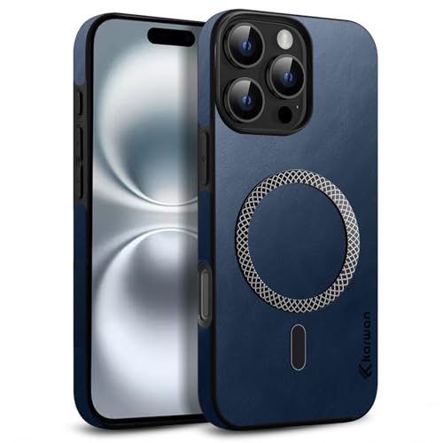 Image of KARWAN Shockproof Hybrid Leather Finish Back Case Cover Compatible with iPhone 16 Pro Max with Wireless MagEaze Charging Cover, Anti-Scratch Shield Case with Strong Minimalist Design (Blue)