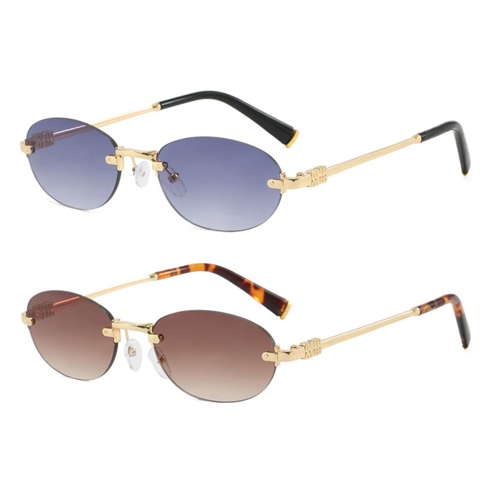 frissin Oval Rimless Sunglasses Womens UV400 Protection Gradient Lenses Gold Metal Temples Luxury Ladies Sun Glasses Minimalist Sunnies Outdoor Street Travel Party Holiday