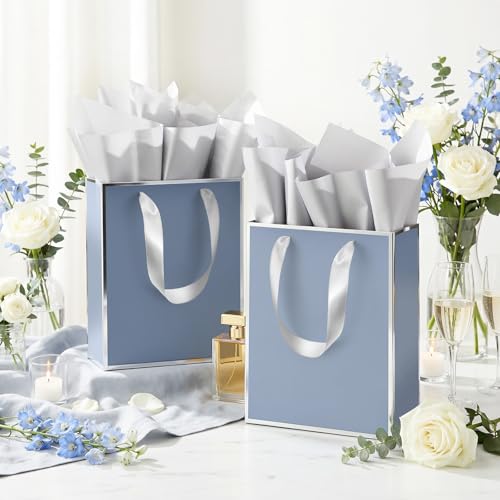 Image of Yeaqee 24 Pack Metallic Paper Gift Bags, Dusty Blue, Silver | with Satin Ribbon Handle and Tissue, 9x7x3.1 Inch, Suit Business, Birthday, Christmas, Thank You Return Gifts Bags
