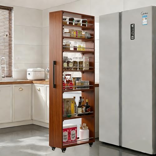 7-Tier Slim Rolling Wooden Storage Shelf - Space-Saving Organizer for Kitchen, Dining Room & Closet - Black Walnut Finish, W10 x D22 x H72, Perfect for Small Spaces