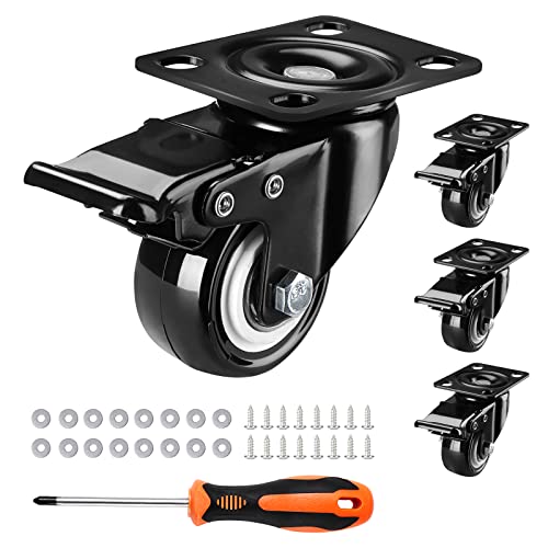 FPOWER 2' Caster Wheels Set of 4, Heavy Duty Swivel Casters with Brake, Locking Casters with Polyurethane, Steel Plate Caster Wheels Safety Load 600LBS (Include Nuts, Screws and Wrenche)