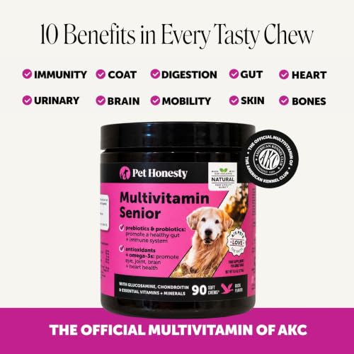 Image of Pet Honesty Vet Recommended Senior Dog Multivitamin, 90 Ct, Duck | 10-in-1 Dog vitamins for older dogs, supports hip & joint mobility, eye, brain & heart health, with glucosamine & probiotics