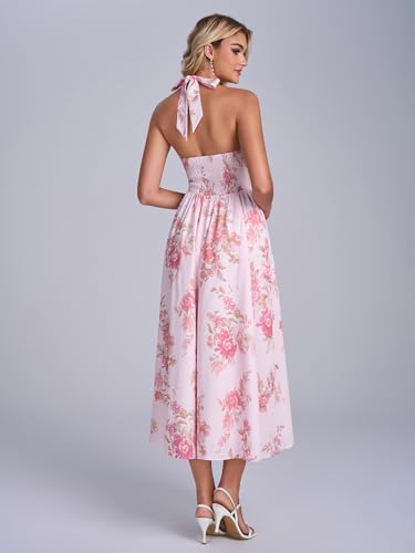 Image of Parthea Women's Gingham Halter V Neck Midi Dress Corset Smocked Sundress Flowy A Line Wedding Guest Dresses
