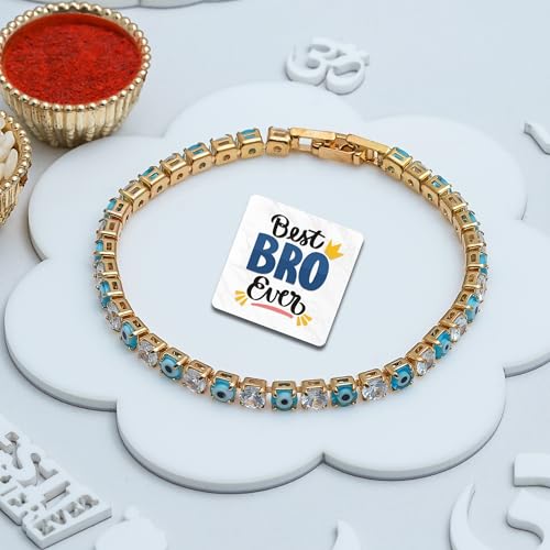 Image of eCraftIndia Sky Blue Diamond Evil Eye Design Bracelet Rakhi for Brother Bhaiya Bhai Bhabhi with Best Bro Ever Fridge Magnet | Roli Chawal Pack