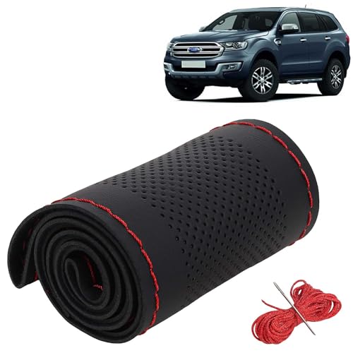 Image of KINGSWAY PU Leatherite Car Steering Cover Sewable Compatible with Ford Endeavour (Year 2015-2018), Black Color with Red Thread, Pack of 1 with Sewing Needle and Thread