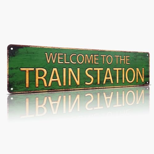 Welcome to The Train Station Sign – Rustic Metal Wall Decor for Entryway, Garage, Farmhouse, or Bar – Vintage Aluminum Tin Sign 4x16 Inches, Indoor/Outdoor Use