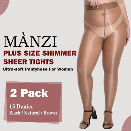 MANZI Women's Plus Size Shimmer Glossy Sheer Tights Seamless Shiny Silk reflections Pantyhose Oil Pearlescent Stockings2