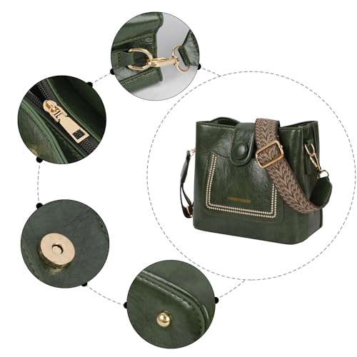 Image of Women Vintage Crossbody Shoulder Bag Pu Leather Bucket Hobo Bag Multipockets Handbag Purse with Guitar Strap