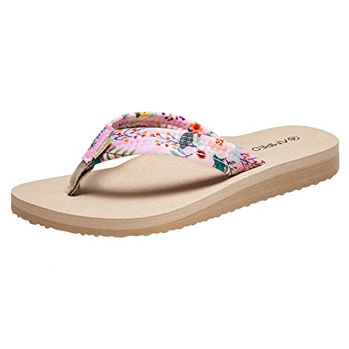 Ampeo Women's Arch Support Flip Flops Comfortable Casual Summer Beach Thong Flip-Flops,Pink Floral,Size 8