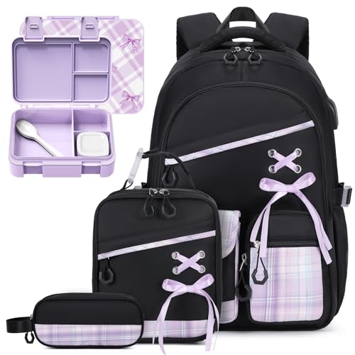 Backpacks for Girls - 6PCS Girls Backpack with Bento Box, Plaid S...