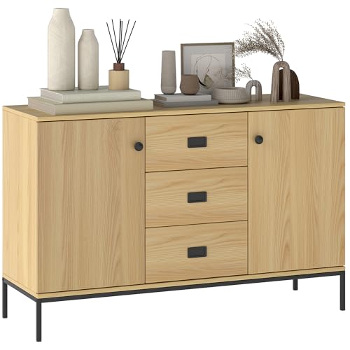 HOMCOM Buffet de Cuisine Meuble de Rangement 2 placards étagère réglable 3 tiroirs Style Contemporain - 120 x 39,5 x 77 cm Naturel